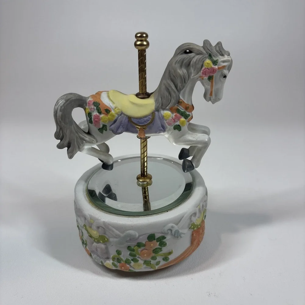 Vintage Carousel Horse with Round Porcelain Music Box and Mirrored‎ Floor